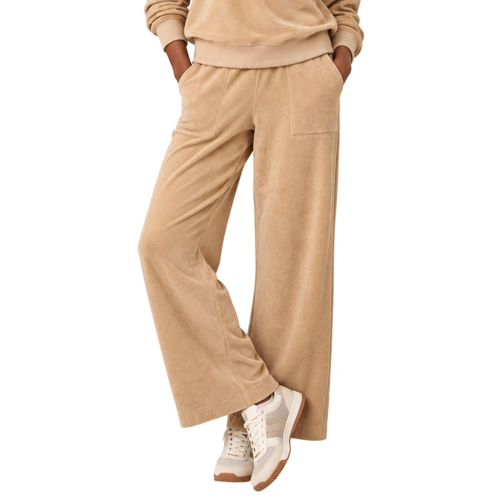 Pact Pants Womens Small Tan Organic Cotton Velour Wide Leg Sweatpants Loungewear